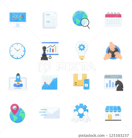 Startup, Business Strategy, and Data Analysis Icons Flat Vector Set 125383237