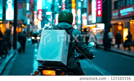 Asian male delivery rider on motorcycle in neon-lit urban street scene at night Asian male delivery rider on motorcycle in neon-lit urban street scene at night 125383356