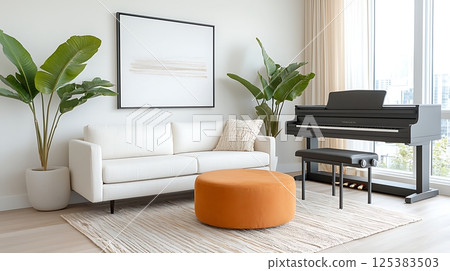 piano with sofa and green plants piano with sofa and green plants 125383503