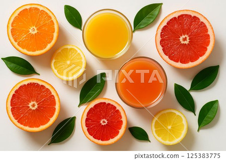 Fresh fruits and juice on white table with top-down view 125383775