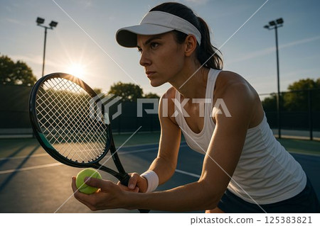 Focused woman holding racket before serving on sunlit tennis court 125383821