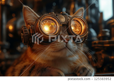 A cat wearing steampunk goggles and a glowing interface display 125383952