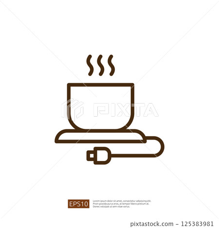 Coffee Icon with Steaming Cup on Heat Base and Electric Cord for Home Brewing in Minimalist Line Art Design Coffee Icon with Steaming Cup on Heat Base and Electric Cord for Home Brewing in Minimalist Line Art Design 125383981
