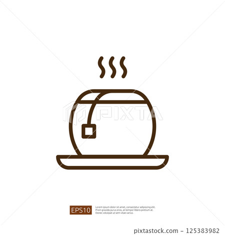 Line Icon Representation of a Steaming Cup of Coffee with a Tea Bag on a Saucer in a Minimalistic Style 125383982