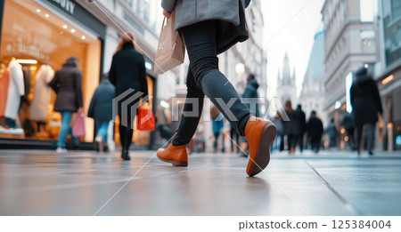 People shopping in city street bustling with pedestrians People shopping in city street bustling with pedestrians 125384004