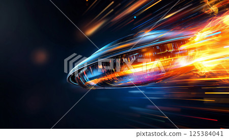 Futuristic spaceship with vibrant light trails in motion Futuristic spaceship with vibrant light trails in motion 125384041