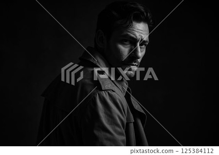 Stylish man in trench coat with dramatic shadows in monochrome studio 125384112