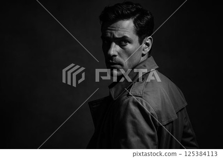 Stylish man in trench coat with dramatic shadows in monochrome studio 125384113