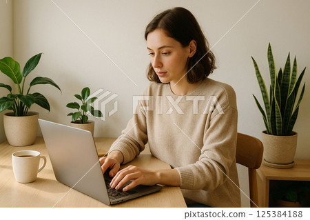 Woman working at cozy home desk with coffee and plants 125384188
