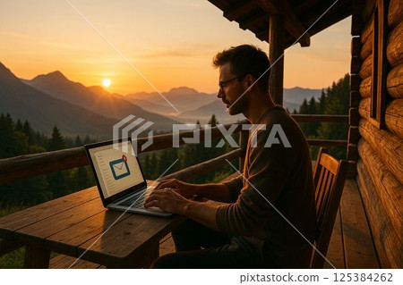 Man checking laptop at sunrise on mountain cabin porch 125384262