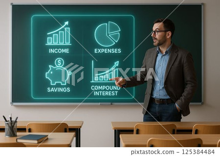 Teacher Presents Finance Concepts on Holographic Blackboard Teacher Presents Finance Concepts on Holographic Blackboard 125384484