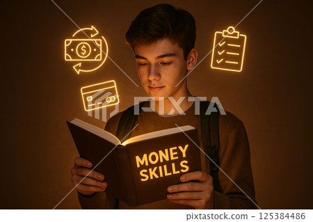 Teen Reads Glowing Finance Book with Icons Floating Above Teen Reads Glowing Finance Book with Icons Floating Above 125384486