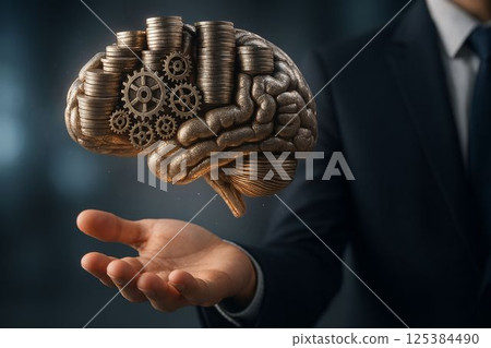 Brain of Coins and Gears Floats Above Business Hand 125384490