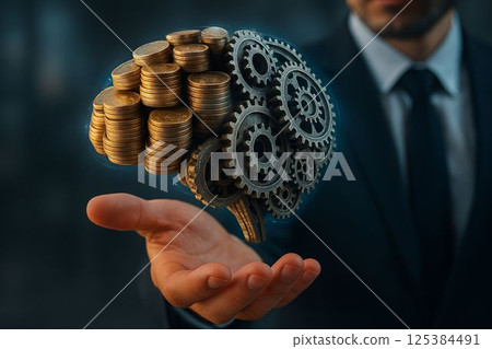 Brain of Coins and Gears Floats Above Business Hand 125384491