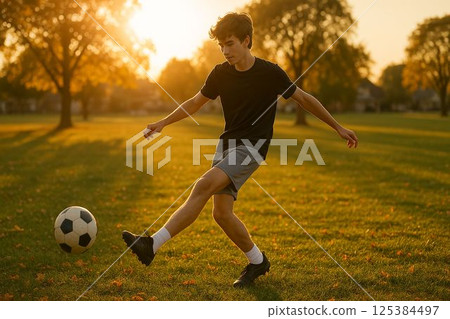 Teenage boy playing soccer in autumn park 125384497