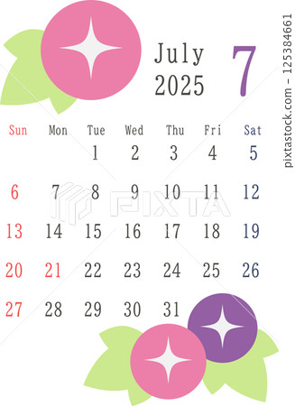 2025 年 7 月的簡單月曆資料，帶有牽牛花插圖 125384661