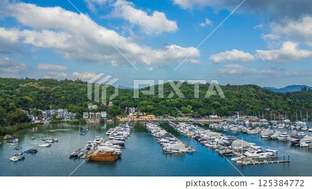 April 21 2025 Scenic Marina with Yachts and Boats Surrounded by Greenery 125384772