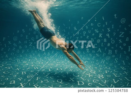 Person dives into glowing pool of letters and symbols 125384788