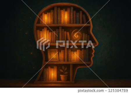 Bookshelf shaped like human head filled with glowing books 125384789