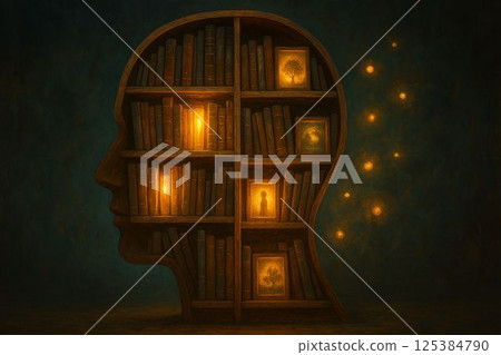 Bookshelf shaped like human head filled with glowing books 125384790