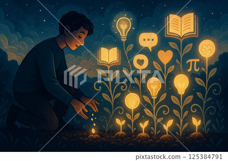 Ideas planted in glowing thought garden, sprouting into books and symbols 125384791