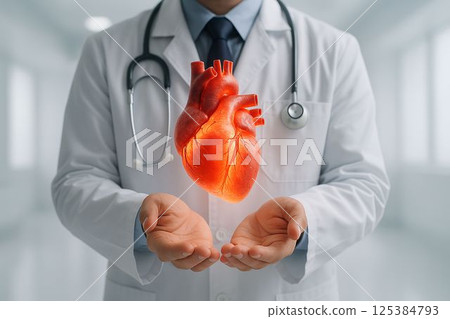 Glowing human heart floats above doctor's hands in sterile white room 125384793