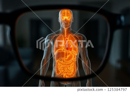 Augmented reality shows transparent human body with glowing internal organs 125384797