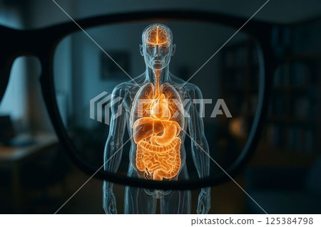 Augmented reality shows transparent human body with glowing internal organs 125384798