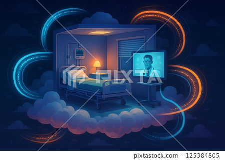 Hospital room floats in digital cloud with glowing data flow 125384805