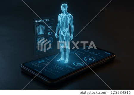 Smartphone displays full body scan in glowing 3D projection 125384815
