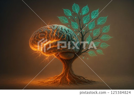 Brain scan morphs into blooming tree symbolizing mental recovery 125384824