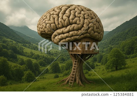 Brain Shaped Treehouse Floating Over Green Valley, Eco Awareness 125384881