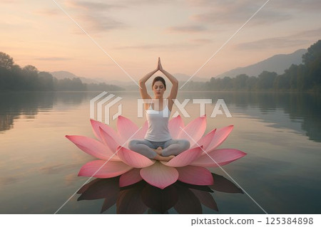 Woman doing yoga on lotus flower on calm lake 125384898