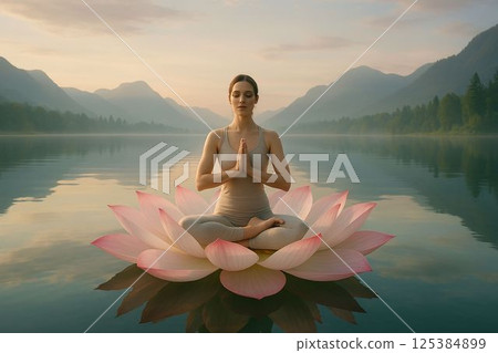 Woman doing yoga on lotus flower on calm lake 125384899