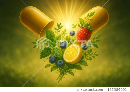 Pill capsule opens mid-air with fruit, herbs, and light 125384901