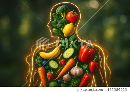 Human silhouette filled with fresh food and glowing wellness energy 125384913