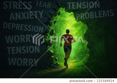 Runner breaks through stress wall into glowing green forest 125384914