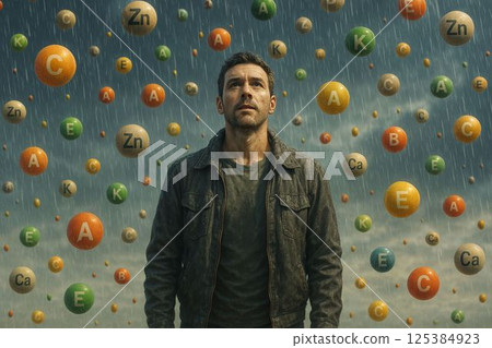 Man stands in surreal rain of vitamins and minerals from sky 125384923