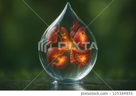 Water droplet reveals healing body organs inside, photoreal metaphor Water droplet reveals healing body organs inside, photoreal metaphor 125384935