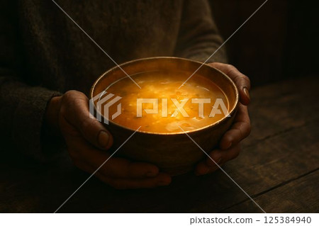 Warm bowl of soup glows with healing golden light 125384940