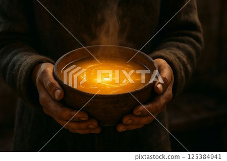 Warm bowl of soup glows with healing golden light 125384941