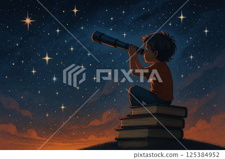 Curious child on book stack looking at stars through telescope 125384952