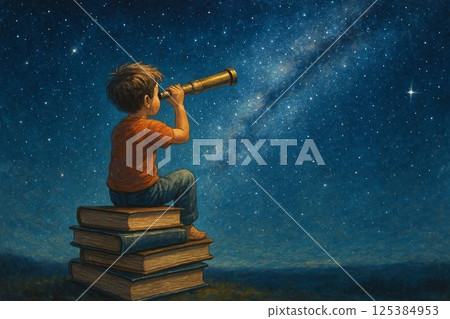 Curious child on book stack looking at stars through telescope 125384953