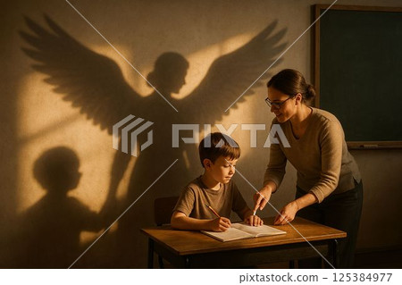 Teacher shadow forms wings as they inspire young student Teacher shadow forms wings as they inspire young student 125384977