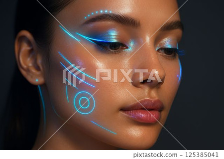 Futuristic Face Makeup with Glowing Holographic Neon Effects 125385041