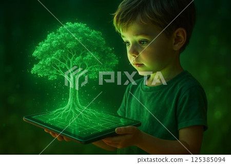 Child Holds Tablet Growing Holographic Tree, Symbol of Green Tech 125385094