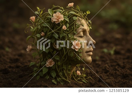 Floral Face Emerges from Soil, Symbol of Nature Rebirth 125385129