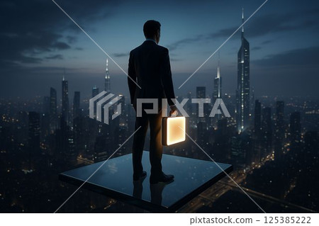 Businessperson on Floating Glass Platform Over Futuristic City 125385222