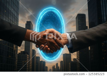 Digital Handshake Through Futuristic Portal Between Skyscrapers 125385223