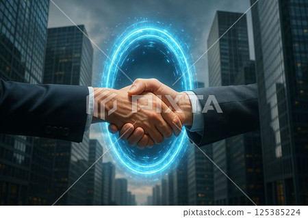 Digital Handshake Through Futuristic Portal Between Skyscrapers Digital Handshake Through Futuristic Portal Between Skyscrapers 125385224